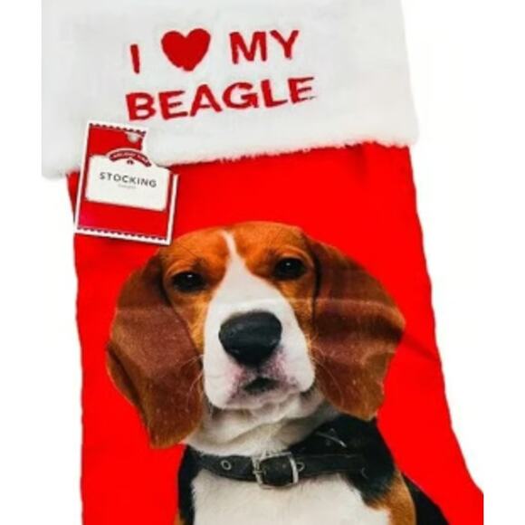 Red Satin I Love My Beagle Dog Christmas Holiday Stocking - Picture 2 of 3